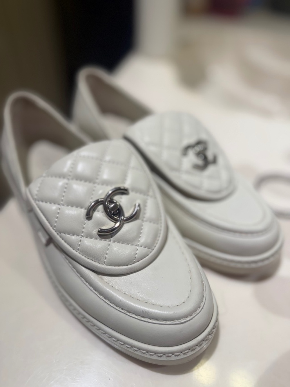 Chanel White Matte Quilted Turnlock Silver Logo Loafers 39